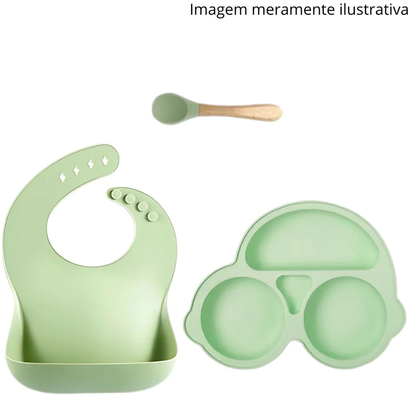 Utensílios de bebê. Babador, prato com divisória e talher.